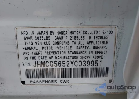 2000 Honda Accord 2.3 Ex z USA, uszkodzony, nr VIN JHMCG5652YC039951